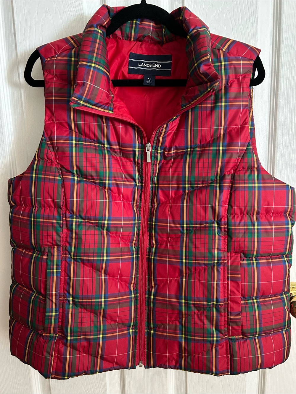 Lands' End Red Tartan Quilted Puffer Vest